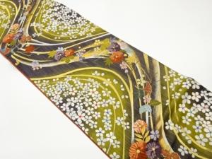 曲線に紅葉・花葉模様織出し袋帯